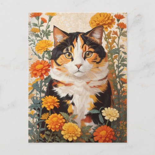 Beautiful Calico Cat With Marigold Flowers Postcard