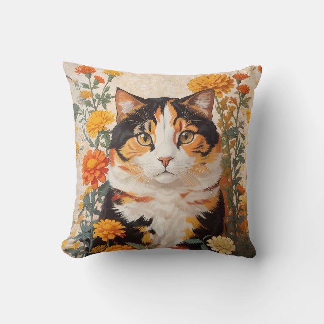 Beautiful Calico Cat With Marigold Flowers Throw Pillow (Front)