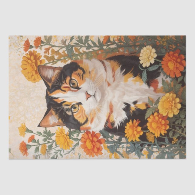 Beautiful Calico Cat With Marigold Flowers Tissue Paper (Front)