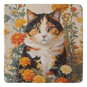 Beautiful Calico Cat With Marigold Flowers Trivet