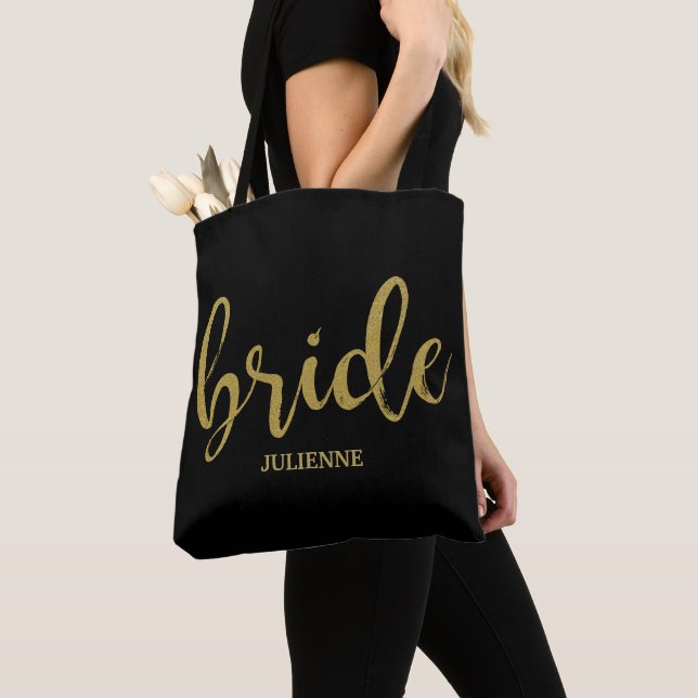 Beautiful Calligraphy Gold Glitter Bride Tote Bag (Close Up)