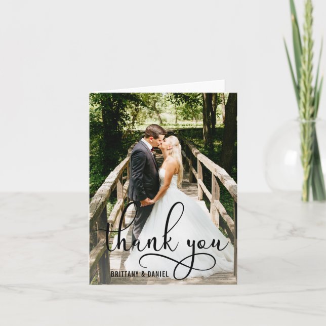 Beautiful Calligraphy Script Photo Wedding Note Thank You Card (Front)