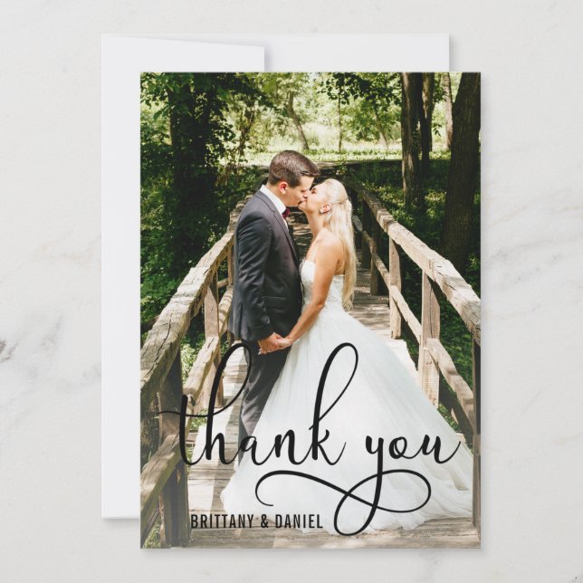 Beautiful Calligraphy Script Photo Wedding Thank You Card (Front)
