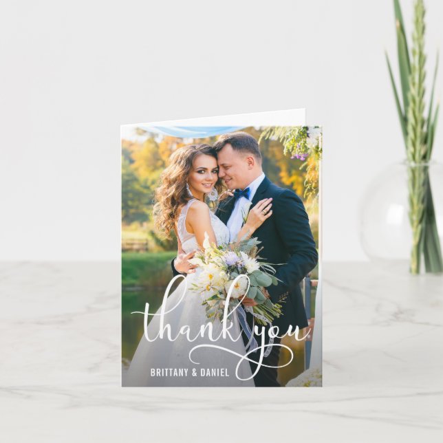 Beautiful Calligraphy Script Wedding Photo Note Letterpress Thank You Card (Front)