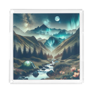 Beautiful Camping Scene with Mountains and Tent Acrylic Tray