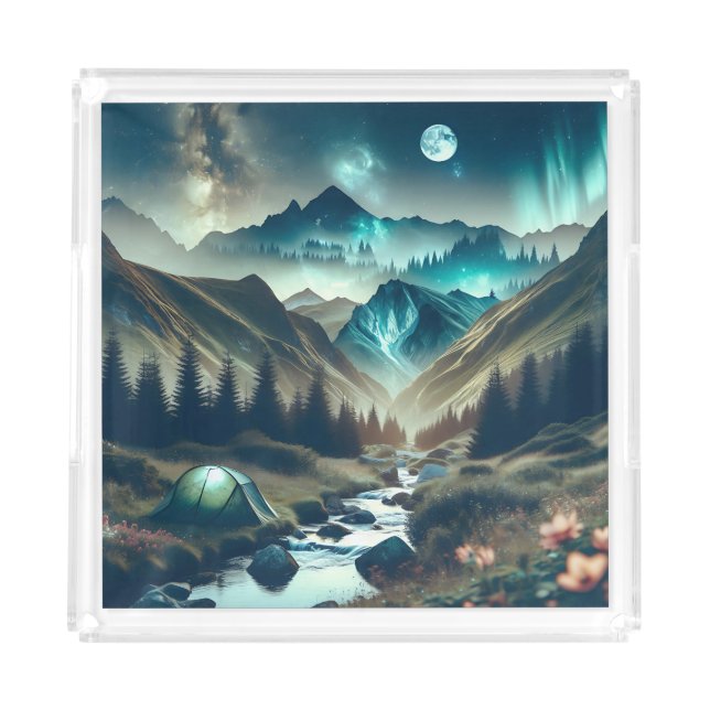 Beautiful Camping Scene with Mountains and Tent Acrylic Tray (Front)