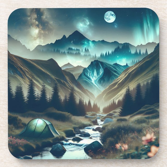 Beautiful Camping Scene with Mountains and Tent Beverage Coaster (Front)