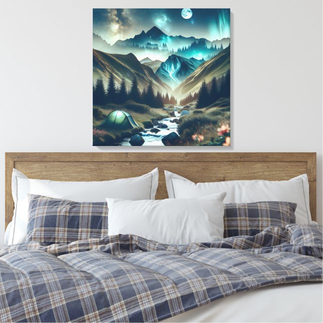 Beautiful Camping Scene with Mountains and Tent Canvas Print (Insitu(Bedroom))