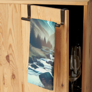 Beautiful Camping Scene with Mountains and Tent Kitchen Towel