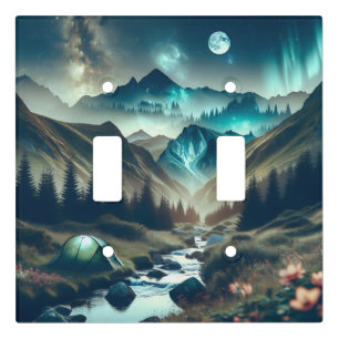 Beautiful Camping Scene with Mountains and Tent Light Switch Cover