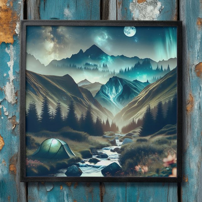 Beautiful Camping Scene with Mountains and Tent Peel And Stick Photo Tile (Creator Uploaded)