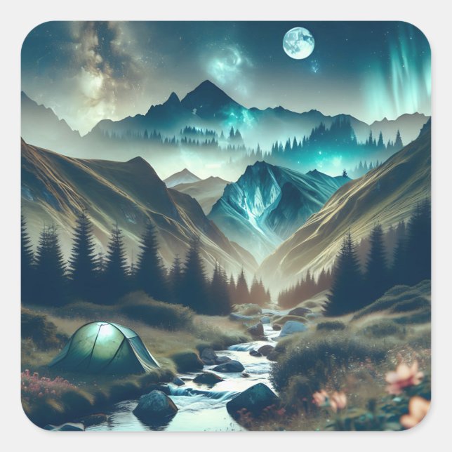 Beautiful Camping Scene with Mountains and Tent Square Sticker (Front)