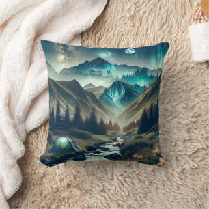 Beautiful Camping Scene with Mountains and Tent Throw Pillow