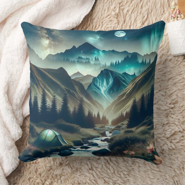 Beautiful Camping Scene with Mountains and Tent Throw Pillow (Blanket)
