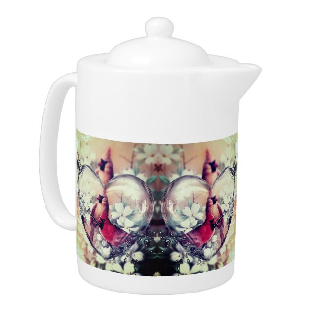 Beautiful Cardinal Red Birds Teapot (Left)