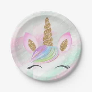 Beautiful Cartoon Unicorn W/ Rainbow Background Paper Plates