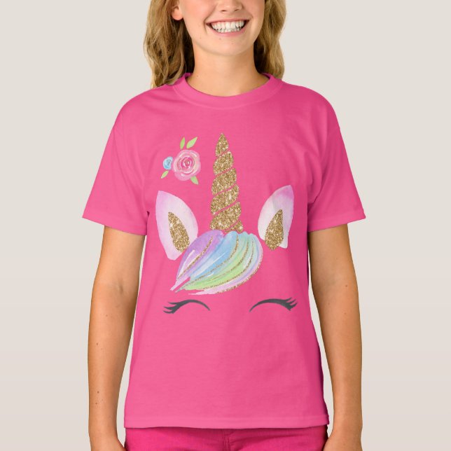 Beautiful Cartoon Unicorn w/ Rainbow Background T- T-Shirt (Front)