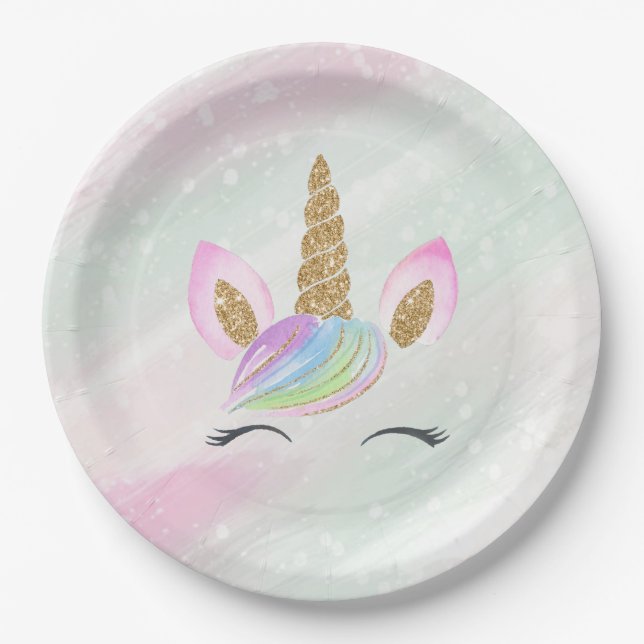 Beautiful Cartoon Unicorn W/ Rainbow  Paper Plates (Front)