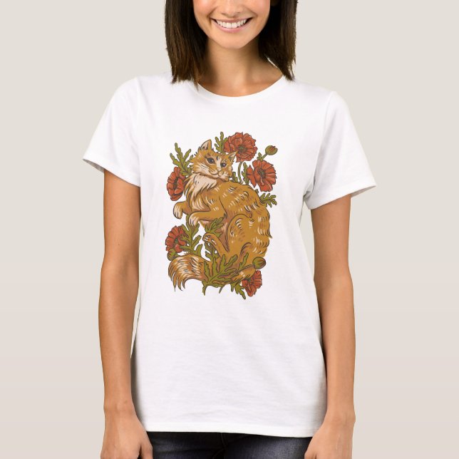 Beautiful Cat and Poppy Flowers T-Shirt (Front)