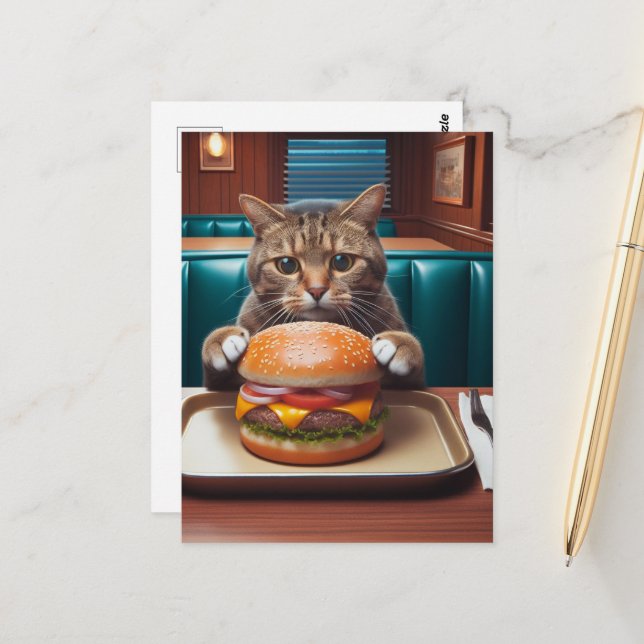 Beautiful Cat at a Diner With a Cheeseburger Postcard (Front/Back In Situ)