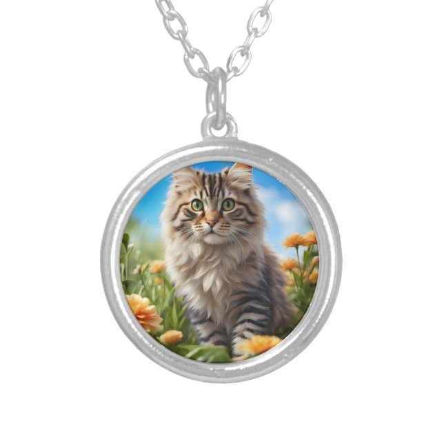 Beautiful cat beautiful garden silver plated necklace (Front)
