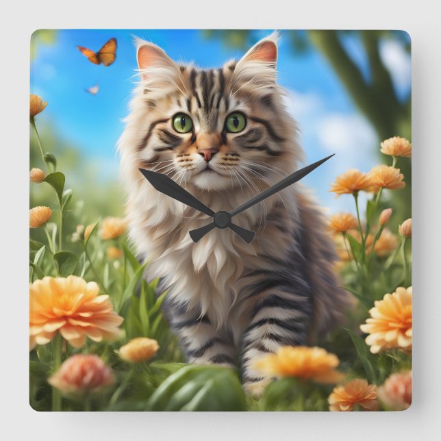 Beautiful cat beautiful garden square wall clock (Front)