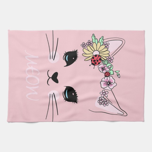 Beautiful Cat Face Meow Pink Cute Kitten Funny Cat Kitchen Towel (Horizontal)
