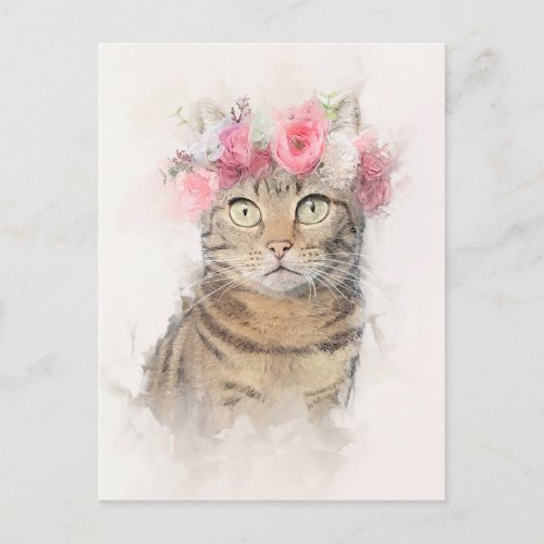 Beautiful Cat Flower Crown Portrait Postcard