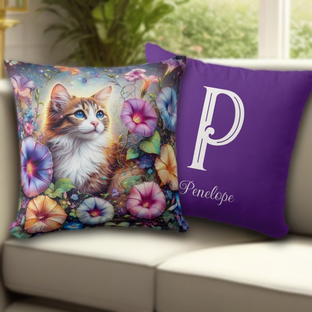 Beautiful Cat Flower Garden Custom Monogram Throw Pillow (Creator Uploaded)