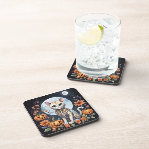 Beautiful Cat Halloween Floral Moon _ Whimsical  Beverage Coaster