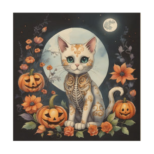 Beautiful Cat Halloween Floral Moon - Whimsical  Wood Wall Art
