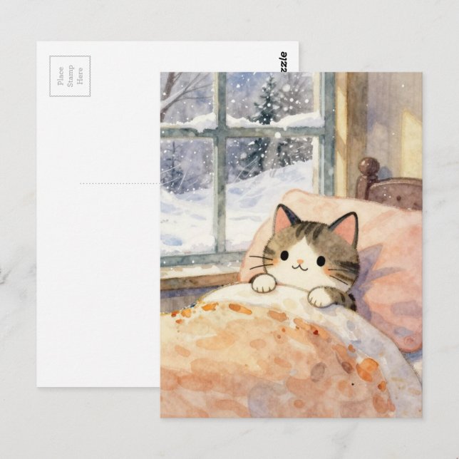 Beautiful Cat Stays Warm in Bed on a Snowy Day Postcard (Front/Back)