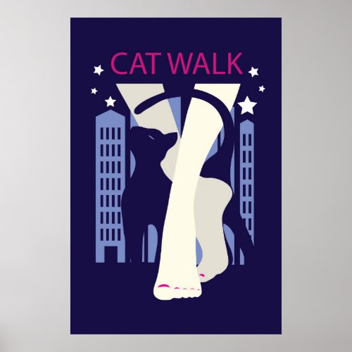 Beautiful cat walk Art deco stylish illustration Poster