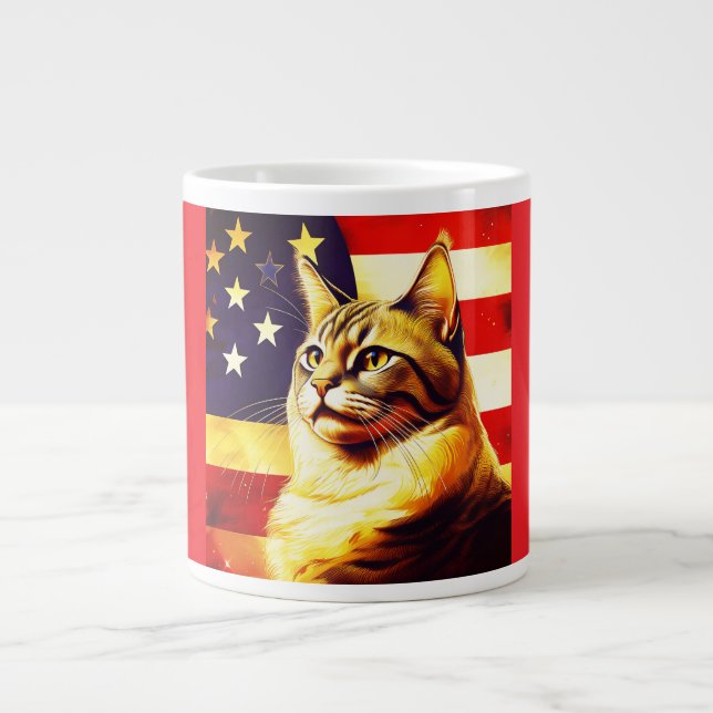 Beautiful Cat With American Flag Background Giant Coffee Mug (Front)
