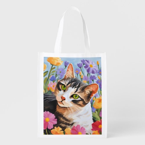 Beautiful cat with flowers grocery bag