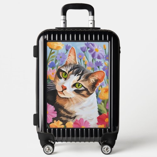 Beautiful cat with flowers luggage