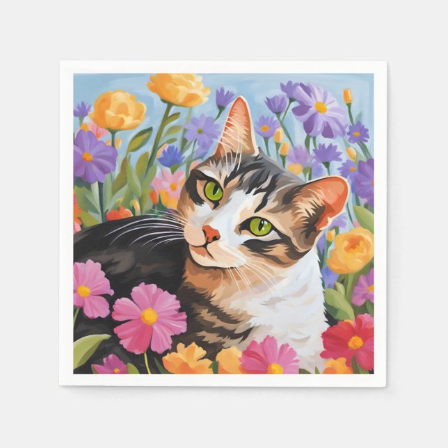 Beautiful cat with flowers napkins (Front)