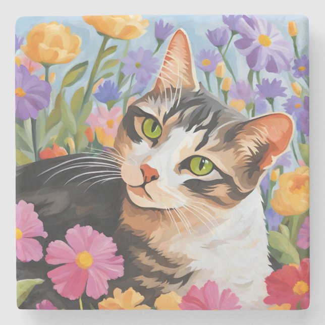 Beautiful cat with flowers stone coaster (Front)
