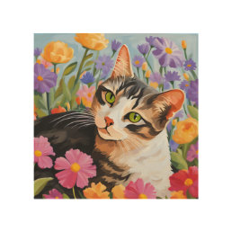 Beautiful cat with flowers wood wall art