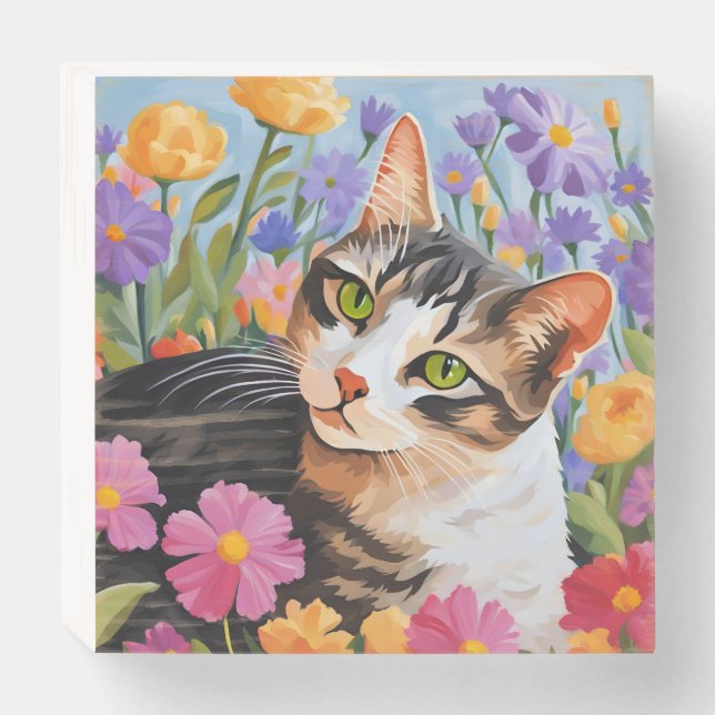 Beautiful cat with flowers wooden box sign (Front Horizontal)