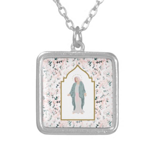 Beautiful Catholic Blessed Mother Floral Devotion  Silver Plated Necklace