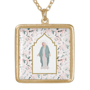 Beautiful Catholic Blessed Mother Floral Gold Plated Necklace