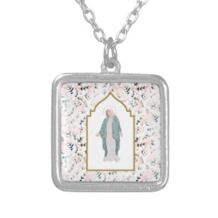 Beautiful Catholic Blessed Mother Floral Silver Plated Necklace