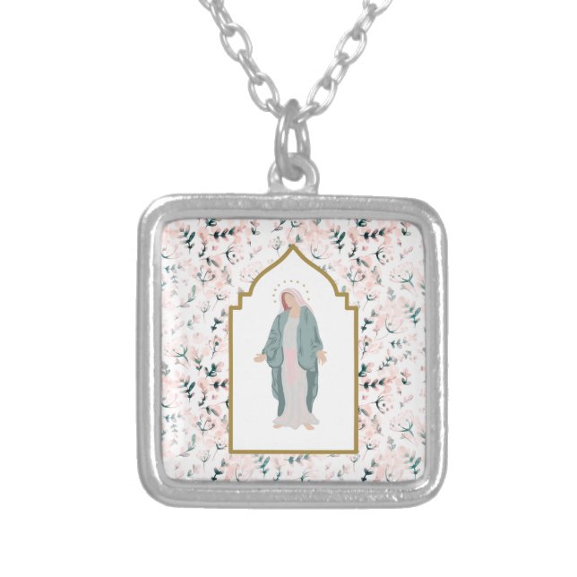 Beautiful Catholic Blessed Mother Floral Silver Plated Necklace (Front)