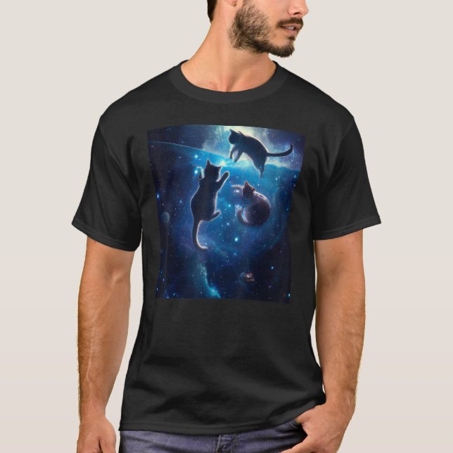 Beautiful Cats Playing in Outer Space Cat art cute T-Shirt (Front)