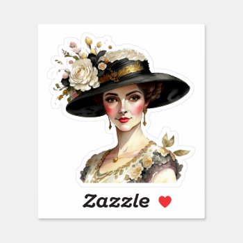 Beautiful Caucasian Woman In Vintage Flowered Hat  Sticker by HydrangeaBlue at Zazzle