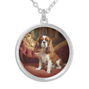 Beautiful Cavalier King Charles Round Silver Plated Necklace