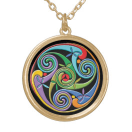 Beautiful Celtic Mandala with Colorful Swirls Gold Plated Necklace