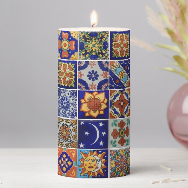 Beautiful Centerpiece Talavera Tile Image Colorful Pillar Candle (In Situ)