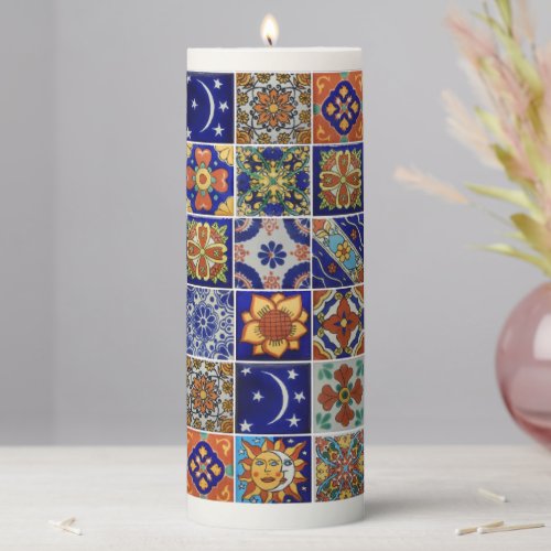 Beautiful Centerpiece Talavera Tile Image Colorful Pillar Candle